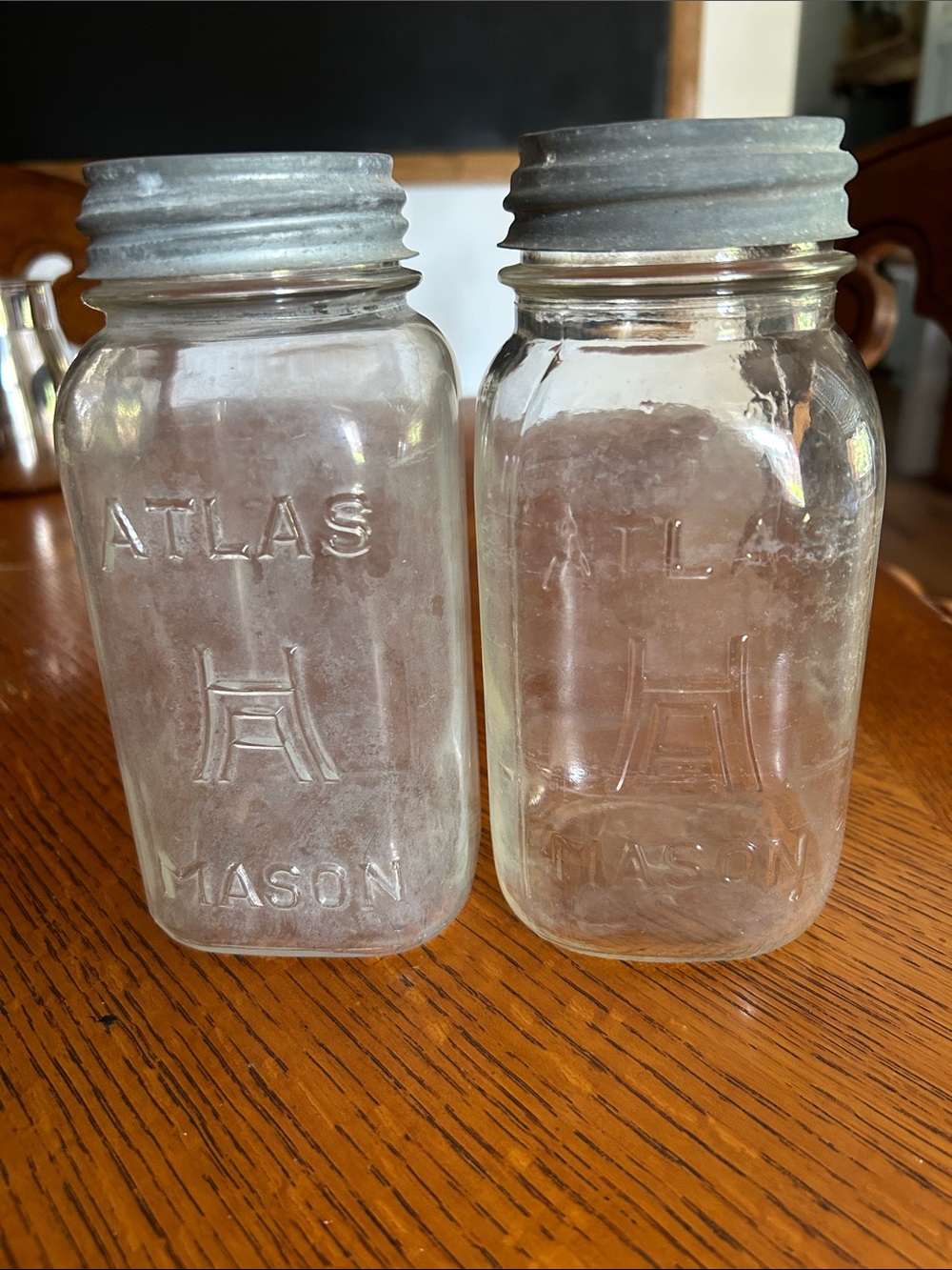 Vintage Hazel Atlas Mason Glass Quart Jars with Metal Lids - Set of 2